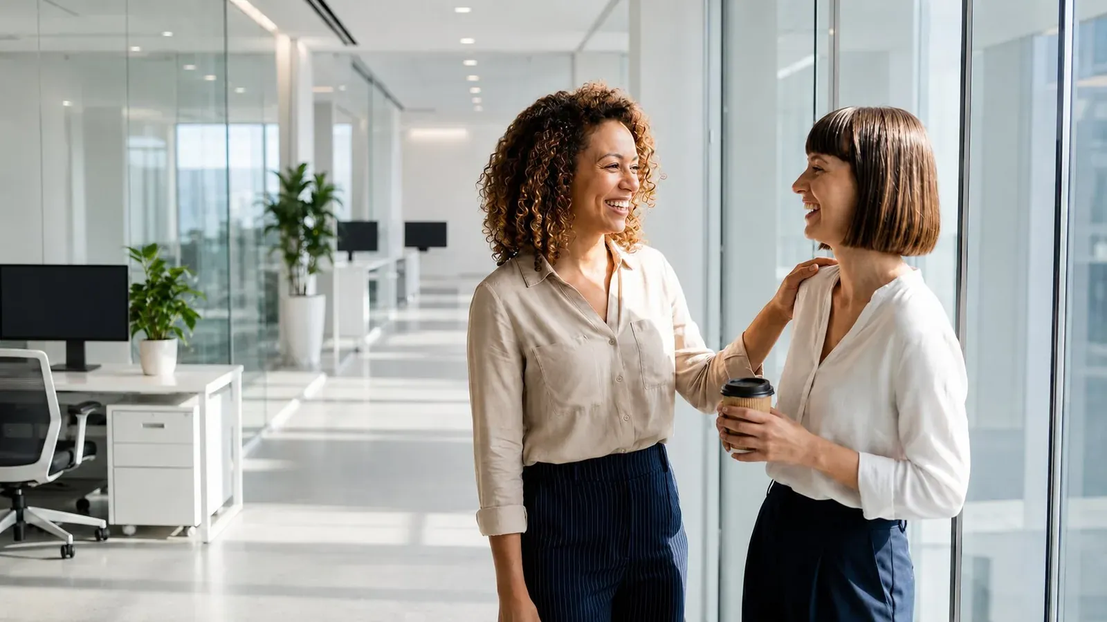 Two colleagues in conversation in a bright office