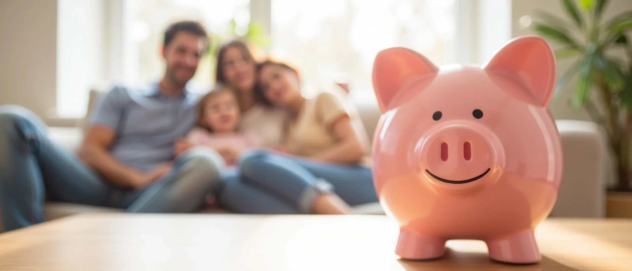 Una alcancía rosa en primer plano con una familia relajándose junta en un sofá al fondo