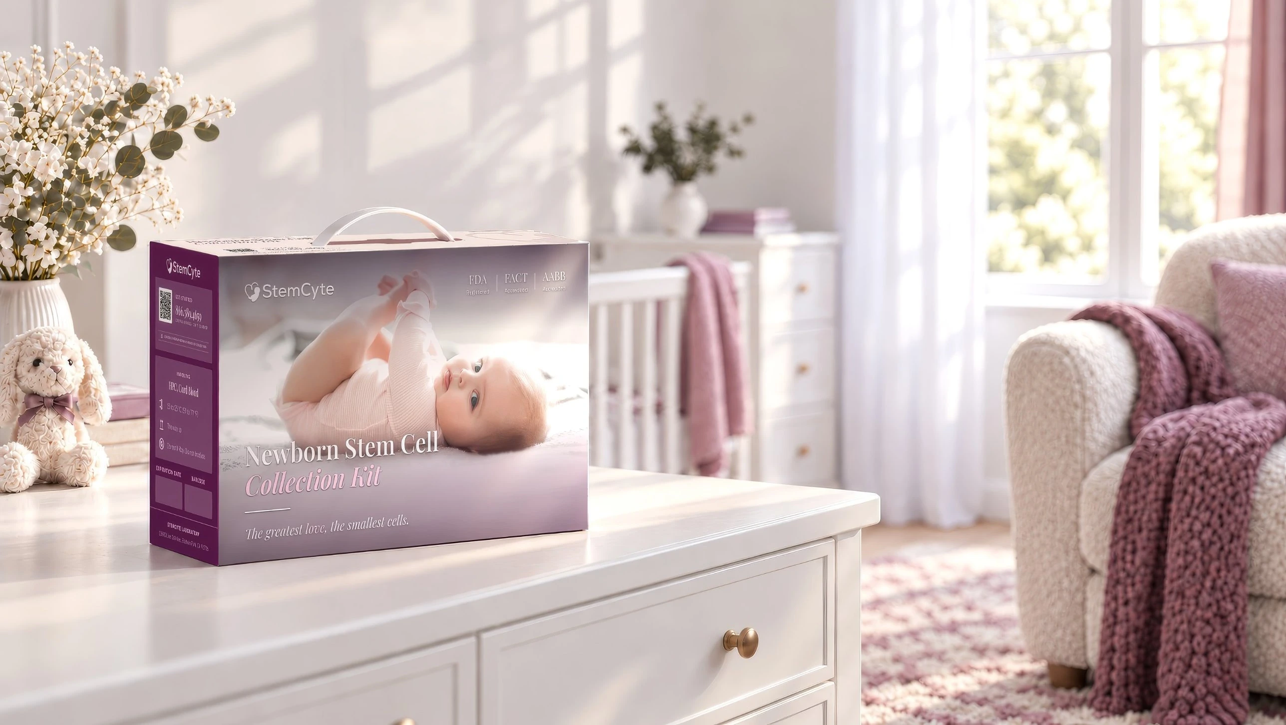 StemCyte Newborn Stem Cell Collection Kit on a dresser in a sunlit nursery